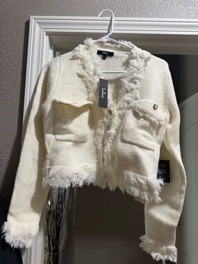 Lulu's Ivory Fringe Detail Cropped Cardigan